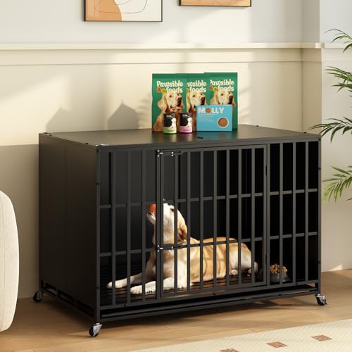 LEMBERI 48/42 inch Heavy Duty Indestructible Dog Crate, High Anxiety Extra Large Dog Cage for Large Dogs, XL Steel Escape Proof Dog Kennel with Wheels and Removable Tray (Black, 47.2*30.7*34.6 inch) - color: Black, size: 47.2"L x 30.7"W x 34.6"H