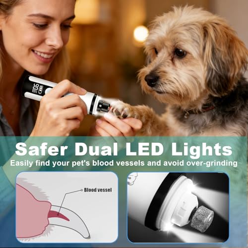 Silent Pets Nail Grinder with 2 Lights and 3 Speeds, Cordless Dog Nail Trimmers, 2000mAh Rechargeable,Painless Paws Grooming Pro for Small Medium Large Dogs & Cats (2 Replacement Heads)