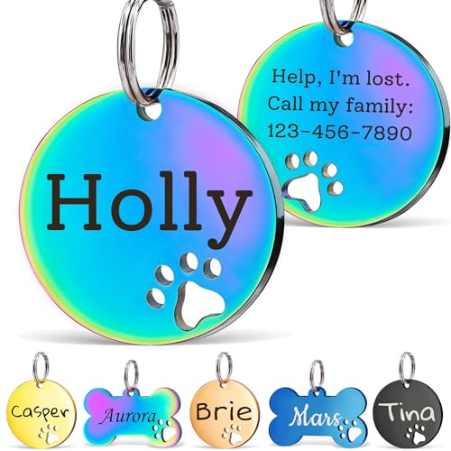 Anavia Paw Print Pet ID Tags, S/M/L Personalized Color Plated Stainless Steel Cat Dog Tags, Customized Engraved Glossy Dog Name Tag Pet Collar Tag (Rainbow, Round-Small) - color: Rainbow, size: Round-Small
