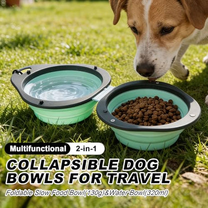 2-in-1 Green Collapsible Dog Bowls with Carabiner | Foldable Water Bowl(320ml) Foldable Slow Food Bowl(130g) for Dogs Cats Travel Hiking Camping - color: Green