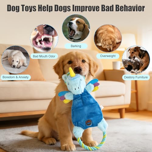 Interactive Squeaky Dog Chew Toy, Tough Plush Dog Toys for Chewers, Small, Medium & Large Dogs, Plush with Double Rope Handles for Tug of War, Mess-Free, Light Blue - color: Light Blue