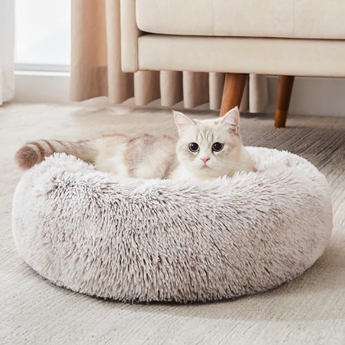 WESTERN HOME WH Calming Dog & Cat Bed, Anti-Anxiety Donut Cuddler Warming Cozy Soft Round Bed, Fluffy Faux Fur Plush Cushion Bed for Small Medium Dogs and Cats (20"/24"/27"/30") - color: White Khaki, size: 20.0"l x 20.0"w x 6.0"th