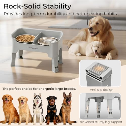 URPOWER Mess Proof Elevated Dog Bowls, High Wall Splash Guard Design, 4 Height Adjustable Raised Bowl Stand, 2 Stainless Steel Bowls, Non-Slip Food Water Set for Small Medium Large Dogs - color: Light Grey, size: Medium