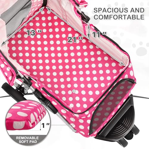MoNiBloom 3 Wheels Pet Dog Cat Stroller for Small Medium Dogs Cats, Foldable Jogger Stroller w/Storage Basket and Cup Holder, Hot Pink Polka Dots - color: Hot Pink Polka Dots