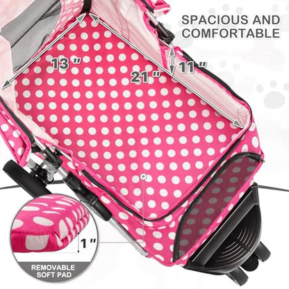 MoNiBloom 3 Wheels Pet Dog Cat Stroller for Small Medium Dogs Cats, Foldable Jogger Stroller w/Storage Basket and Cup Holder, Hot Pink Polka Dots - color: Hot Pink Polka Dots
