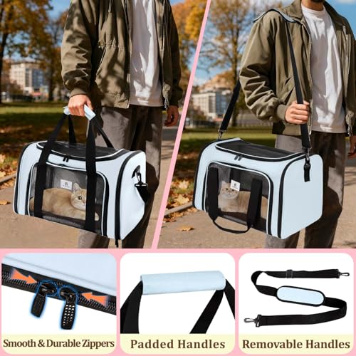 Cat Carrier - Cat Carrier Soft with Plush Pad & Cooling Mat, Easy-Load 4-Side Zipper & 3-Side Mesh Ventilation, Pet Carrier Airline Approved for Cats/Dogs Up to 16 lbs, Blue - color: Blue