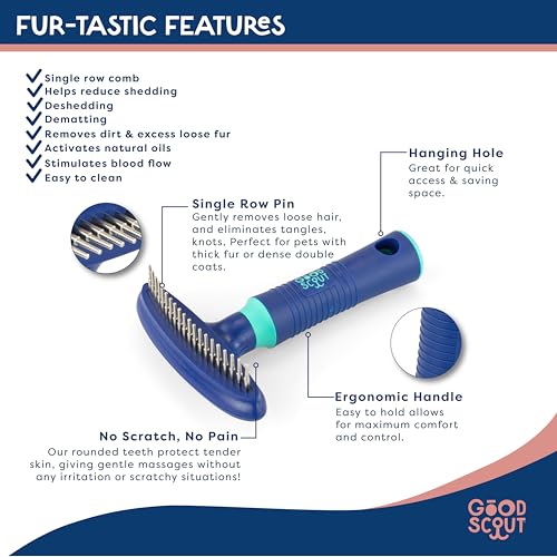 Good Scout Pet Hair Rake with Single Row Rotating Pins, Best Deshedding Tool for Dogs & Cats, Gentle, Safe & Effective Grooming Tool for Short or Long Haired Animals - style: Rake w/ Rounded Teeth
