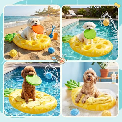 AceOrbit 6-in-1 Pineapple Dog Pool Float for Small Dogs Puppy, Inflatable Pet Float with Flying Disc, Balls & Towel, Cute Puppy Pool Raft for Water Play Party, 17.7'' x 29.5'', Supports up to 11 Lbs