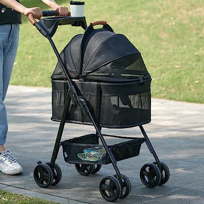 Zoosky 3 in 1 Pet Stroller with Removable Carrier, Folding Stroller for Small/Medium Dogs and Cats, Waterproof, All-Terrain, with Sun Shades, Car Seat - color: Black