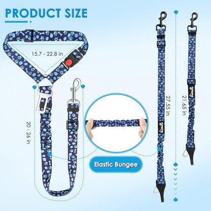 Lukovee Dog Seatbelt Leash for Cars, 2 Pack Pet Safety Car Seat Belt with Adjustable Buckle & Reflective Bungee, Connect Dog Harness in Vehicle Car Dogs Restraint Travel Daily Use (Blue Paw) - color: C-Blue Paw