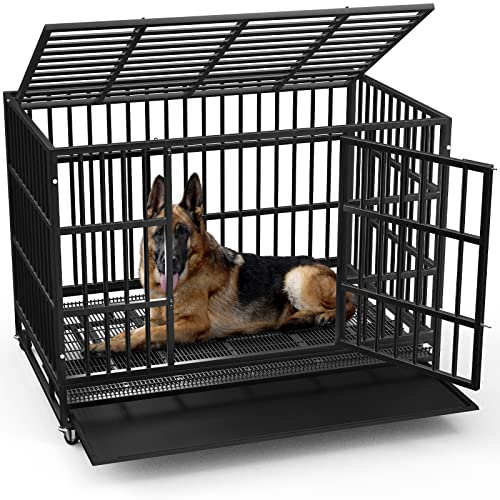 LEMBERI 38 Inch Heavy Duty Indestructible Dog Crate, High Capacity Escape Proof Double Door Kennel with Lockable Wheels, Small Metal Dog Cage with Reinforced Steel Tubes, Removable Tray, Black - color: Black, size: 37.4"L x 25.6"W x 30.5"H