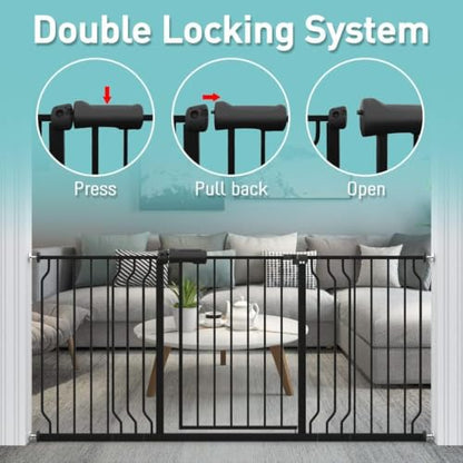 WAOWAO Baby Gate 146-158cm(57-62인치) 엑스트라 와이드 압력 장착 워크 스루 스윙 자동 닫힘 안전 블랙 메탈 유아 어린이 개 애완동물 강아지 계단, 출입구, 주방용 - color: 블랙., size: 57.48-62.20"/146-158cm