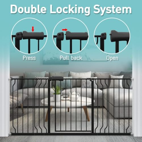 WAOWAO Baby Gate 158-170cm(62-67인치) 엑스트라 와이드 압력 장착 워크 스루 스윙 자동 닫힘 안전 블랙 메탈 유아 어린이 개 애완동물 강아지 계단, 출입구, 주방용 - color: 블랙., size: 62.19-66.92"/158-170cm