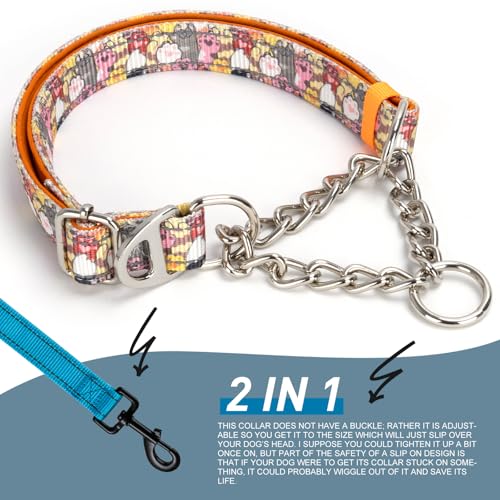 No-Pull Martingale Dog Collar with Chain - Adjustable Anti Pull Training Collar, Safe Choker Control Limited Slip Walking Training Dog Collars （Cute Dog Paw Print Medium） - color: 12, size: M(Neck12"-17")