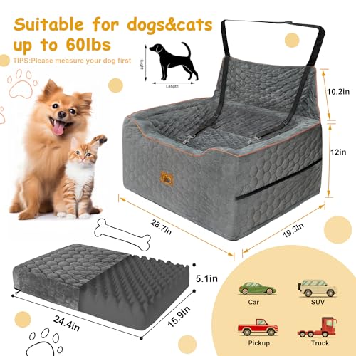 Dog Car Seat for Medium/Large Dog Booster Seat Under 60 lbs or 2 Small Dogs, Multi-Functional Pet Car Seat with Thick Cushion, 2 Safety Leashes (Gray) - color: Gray