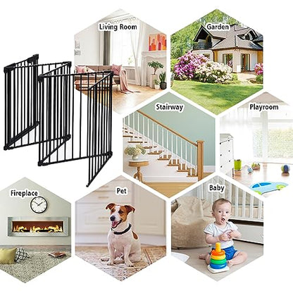 Costzon Baby Safety Gate, 121 Inch Length 5 Panel Adjustable Wide Fireplace Fence, BBQ Metal Fire Screen Gate, Pet Isolation Fence with Walk-Through Door, Freestanding Pets Gate - color: Black, size: 5-Panel