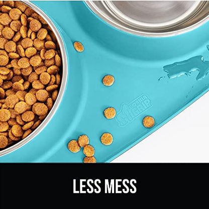 GORILLA GRIP Dog Bowl Set with Slip Resistant Silicone Feeding Mat, 4 Cup, Food Grade 304 Stainless Steel Bowls, BPA Free, High Edge Spill Containment, Dishwasher Safe, Finger Notch Removal, Turquoise - color: Turquoise, size: 4 Cup Bowls