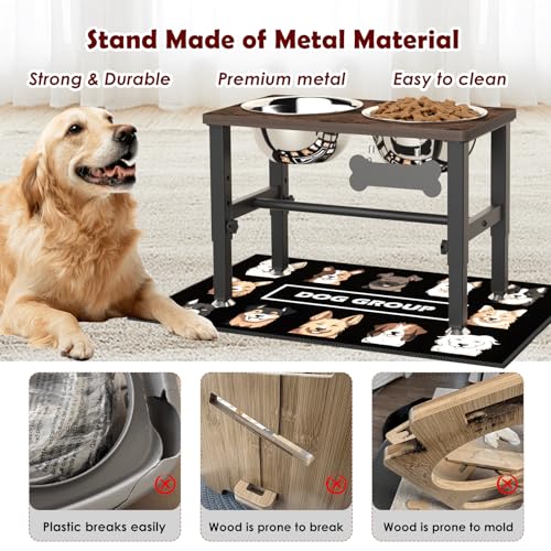 SHAINFUN Elevated Dog Bowls with Slow Feeder & Mat for Medium and Large Dogs, 12" Tall Adjustable Wooden & Metal Raised Dog Bowl Stand, 2 Stainless Steel 58oz Bowls for Food & Water - color: Brown-1.7L