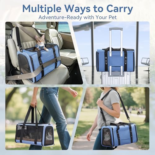 PETSFIT Soft-Sided Cat Carrier with Patented Safety Buckles, Lockable Zippers & Safety Tether,Escape-Resistant Travel Pet Carrier for Car Rides & Vet Visits, Airline Approved Under-Seat, Up to 12 lbs - color: Blue, size: 18.0"L x 11.0"W x 11.0"H