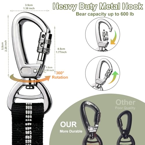 Dog Leash Heavy Duty, 4-6FT Bungee Leash Strong Shock Tactical Tug Leashes, Dog Seat Belt for Car with 2 Padded Handles, Reflective Rope Lead for L X-Large Dogs Walking Running Training (Black)