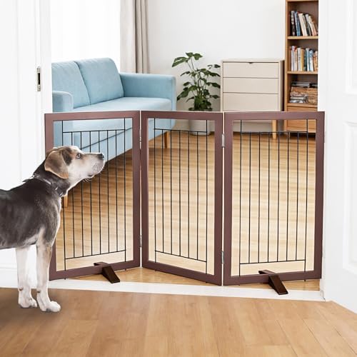 Dog Fence Indoor - 3-Panel Freestanding Dog Gate for Doorways, Hallways, House or Stairs -60x32-Inch Retractable Foldable Expandable Wood Pet by SFJC (Brown) - color: Brown, size: 【3 Panels】60''w X 32''h