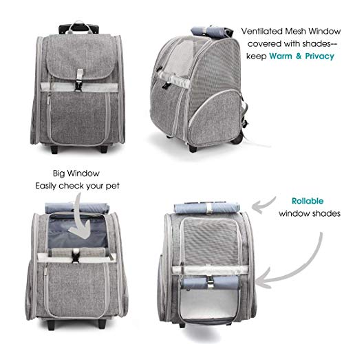 Lollimeow Pet Rolling Carrier, Dog Backpack with Wheels,Cats,Puppies Travel Bag with Wheels,Dog Trolley(Grey) - color: Grey