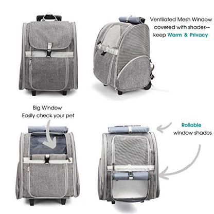 Lollimeow Pet Rolling Carrier, Dog Backpack with Wheels,Cats,Puppies Travel Bag with Wheels,Dog Trolley(Grey) - color: Grey