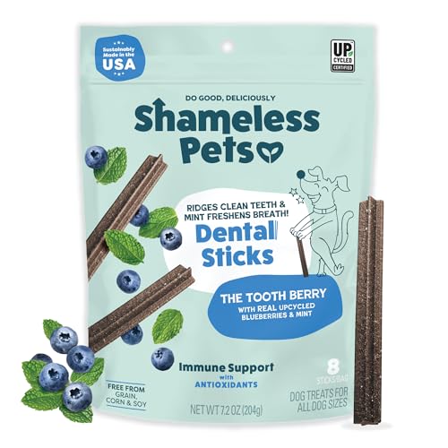 Shameless Pets Blueberry & Mint Dental Chews for Dogs, 8 Chews - Natural Dog Teeth Cleaning Treats with Fresh Breath Benefits | Grain-Free Dental Sticks for Small, Medium & Large Dogs - size: 7.2 Ounce (Pack of 1)