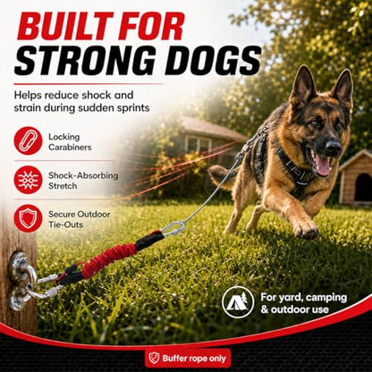 Heavy Duty Dog Tie-Out Bungee Cord, Shock Absorbing Elastic Buffer Extension with Dual Locking Carabiners, Red Stretch Leash for Outdoor Stake, Yard, Camping & Large Dogs