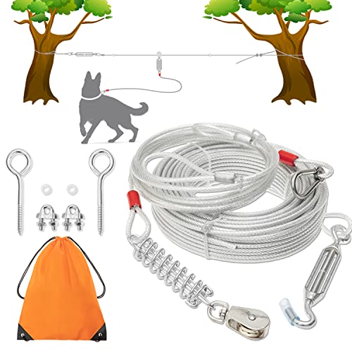 Dog Tie Out Cable - 100 ft Long Dog Cable with 10 ft Run Cable for Yard Training Running Camping Hiking Outdoor - Heavy Duty Chew Proof Lead Leash with Buffer Spring for Small Medium Large Dogs - color: Silver