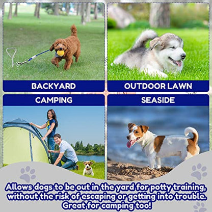Amylove 2 Set Dog Tie Out Cable and Stake 32ft Leash Chain 16" Spiral Stake Heavy Duty Leash and Stakes for Outside Yard Camping Beach for Medium to Large Dogs up to 125 Lbs(Blue) - color: Blue