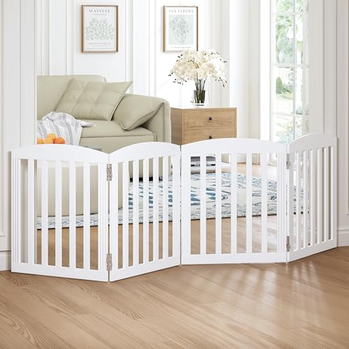 SPIRICH 96" Extra Wide 28" Tall Wooden Freestanding Foldable Dog Gate, Pet Gate Indoor, 4 Panels, White - color: Antique White, size: [4 Panels]96"W x 28"H