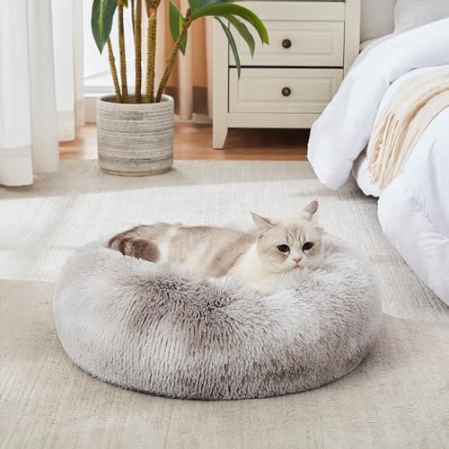 WESTERN HOME WH Calming Dog & Cat Bed, Anti-Anxiety Donut Cuddler Warming Cozy Soft Round Bed, Fluffy Faux Fur Plush Cushion Bed for Small Medium Dogs and Cats - color: White Grey, size: 20.0"l x 20.0"w x 6.0"th