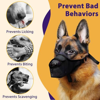 LUCKYPAW Dog Muzzle, Mesh Muzzle for Large Medium Small Dogs Allows Full Pant Drinking Mouth Cover to Prevent Biting Chewing Scavenging Adjustable Breathable (L, Black) - size: L-Snout:9.75-11"