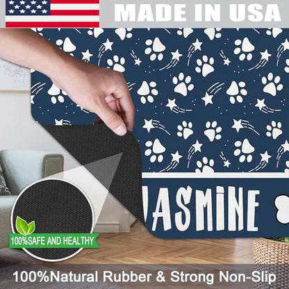 Personalized Dog & Cat Food Mat with Name Waterproof PU Pet Bowl Mat Non-Slip Rubber Bottom Easy Clean Available in(24"×16", 30"×20", 36"×24") | Pet Feeding Mat for Food & Water (Blue Paw Prints) - color: Blue Paw Prints