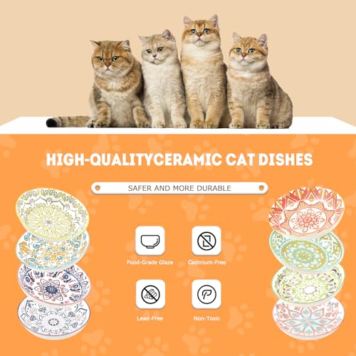 YEAHGO Cat Food Bowls for Indoor Cats Ceramic Cat Bowls Whisker Friendly Cat Dishes for Food and Water 5.5 Inches Kitten Bowls Cute Cat Feeding Bowls Set 8 Cat Wet Food Bowl Set Shallow Cat Plate - size: Boho–8 Pack