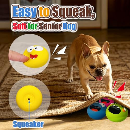 Dog Squeaky Toys for Small Dogs - Assorted Latex Rubber Puppy Squeaky Dog Balls Flat, Smile Face Interactive Fetch Dog Toys with Squeaker, Floating Pet Toys for Indoor & Outdoor Play, 4 Pack