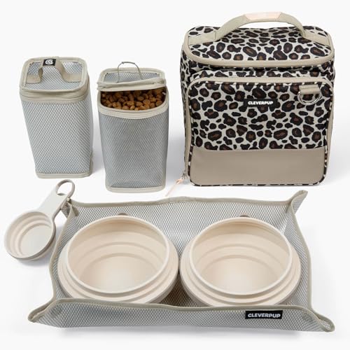 Cleverpup, Large 7-Piece Bistro Box Dog Food Travel Kit, 12-Cup Kibble Storage, 2 Silicone Bowls, Mat & Scoop - Premium Portable Pet Food Kit for Weekends, Overnights, Daycare & Camping, Leopard - color: Leopard, size: Large