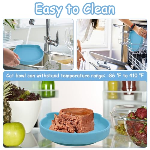 Silicone Cat Food Bowl Suction Cup Cat Dish 7" Shallow Cats Food & Water Bowls Set of 2 Non-Slip Kitty Plates Relief Whisker Fatigue Puppy Feeding Bowl for Dry & Wet Food (Blue) - color: Blue, size: L: 7 inches - with Suction Cup