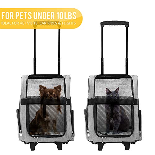 KOPEKS Deluxe Backpack Pet Travel Carrier with Double Wheels for Pets up to 10 Pounds - Black - Approved by Most Airlines - color: Grey, size: 13.0"L x 12.0"W x 20.0"H