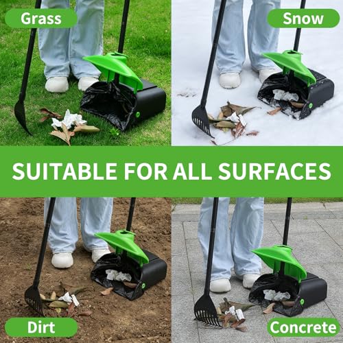 ienjoyed 40" Tall Dog Pooper Scooper with 100 Bags Attachment, Large Capacity Swivel Bin and Rake Metal Pole, Long Handle Pooper Scooper for Large Dogs, Dog Poop Scoop for Yard (Green) - color: Green