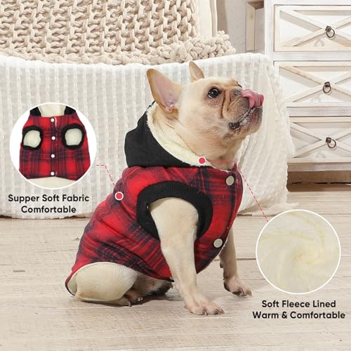 Vecomfy Fleece Lining Dog Hoodie for Small Dogs Extra Warm Plaid Sweater with Drawstring Hooded Coats in Winter Puppy Jacket,Red XS - color: Red Plaid, size: X-Small (Pack of 1)