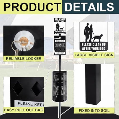 Qinyoung Dog Waste Station Galvanized Steel Outdoor Pet Bin with Poop Bag Dispenser Reflective Sign Rust Proof for Backyard Commercial Park (Black) - color: Black