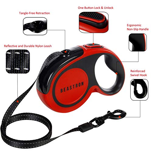 Upgraded Retractable Dog Leash, 16" Extra Long Tangle-Free Reflective Nylon, Small to Medium Dogs up to 110lbs, Waste Bags and Dispenser Included (Red) - style: (Upgraded) Red
