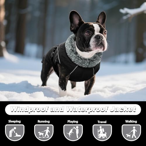 DENTRUN Warm Dog Winter Coat, Easy On Reflective Turtleneck Fleece Jacket | Adjustable buckle, easy on off, windproof & water-repellent, thick fleece snowsuit, outfit fits small to large breeds - color: Black, size: Small