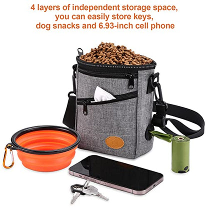 Ownpets Dog Training Pouch with Silicone Liner, Pet Treat Training Pouch with Collapsible Bowl, Shoulder Strap & Waist Strap, 4 Ways to Wear, Walking Fanny Pack for Dog Training - Grey - color: Grey