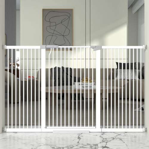 41" Extra Tall and Wide Baby Gate, 65.8-68.5'' Wide Pet Cat Gate for Doorway, Extra Wide Pressure Mounted Child Door with Expansion Kit, Metal Safe Gate, Tall Dog Gate, White - size: 65.8-68.5''W