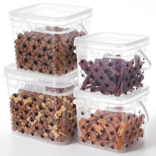 4 Pack Airtight Dog Food Storage Containers (5l/3l/2l) Clear Plastic Paw Storage Bins with Handle and Lids, Pet Treat Stackable Square Buckets for Dog Kibble Cat Snacks Pantry Dry Goods - size: 8.27 x 8.27 x 7.48 Inches