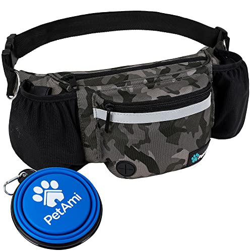 PetAmi Dog Fanny Pack, Treat Pouch for Dog Walking, Training, Built in Poop Bag Dispenser, Water Bottle Holder, Collapsible Bowl, Pet Treat Waist Belt for Hiking, Running, Kibbles (Camo Black) - color: Camo Black