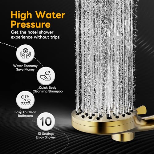 High Pressure 10 Ways Handheld Shower Head Brushed Gold- Anti-clog Nozzles, Built-in Power Wash to Clean Tub, Wall & Overhead Brackets,Magnetitc Rainfall Shower Wand,Built-in 2 Power Jet - color: Brushed Gold